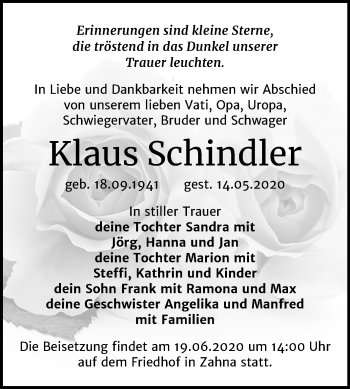 Traueranzeige von Klaus Schindler von Mitteldeutsche Zeitung Wittenberg
