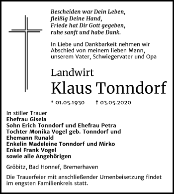Traueranzeige von Klaus Tonndorf von Mitteldeutsche Zeitung Weißenfels