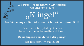 Traueranzeige von Klingel  von Super Sonntag Aschersleben