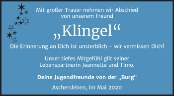 Traueranzeige von Klingel  von Mitteldeutsche Zeitung Aschersleben
