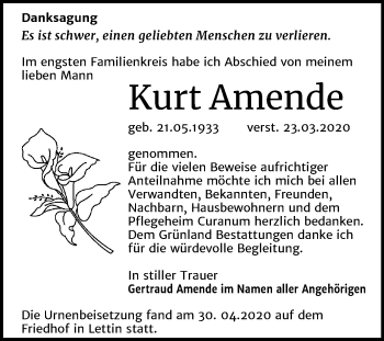 Traueranzeige von Kurt Amende von Mitteldeutsche Zeitung Halle/Saalkreis