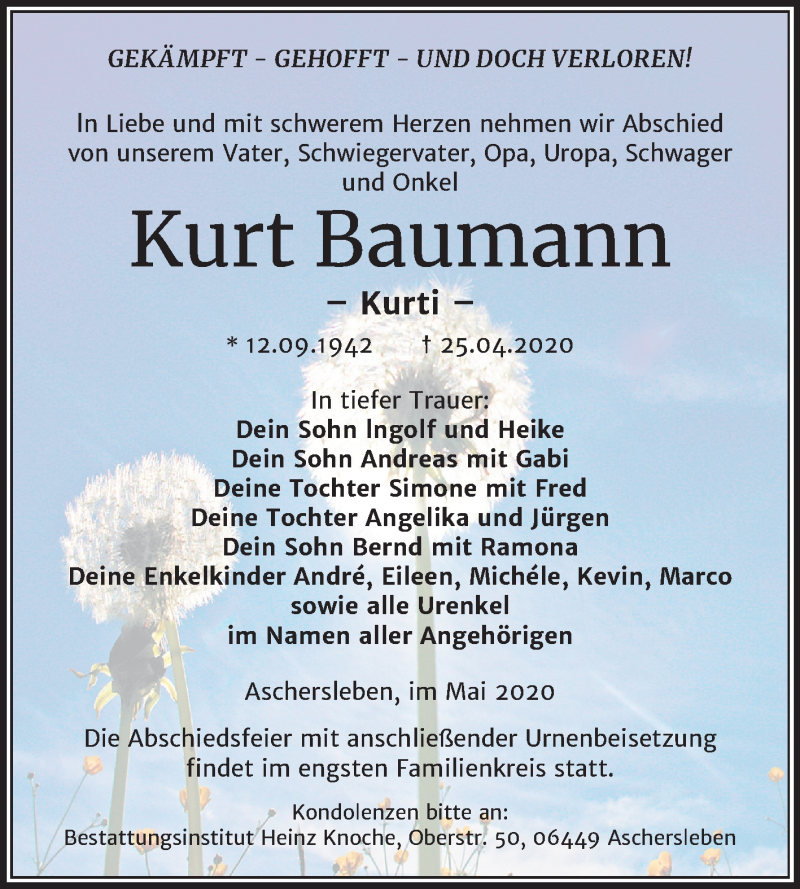  Traueranzeige für Kurt Baumann vom 02.05.2020 aus Super Sonntag Aschersleben