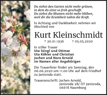 Traueranzeige von Kurt Kleinschmidt von Wochenspiegel Naumburg/Nebra