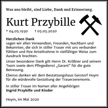 Traueranzeige von Kurt Przybille von Mitteldeutsche Zeitung Aschersleben