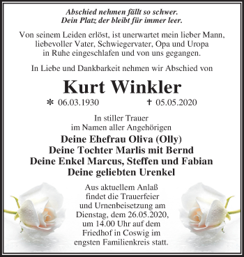 Traueranzeige von Kurt Winkler von Super Sonntag Wittenberg