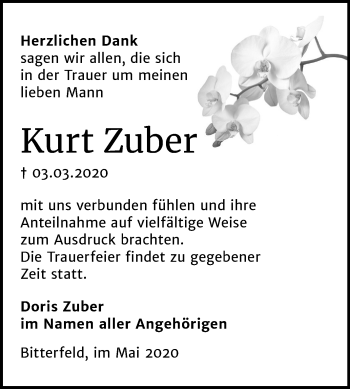 Traueranzeige von Kurt Zuber von Mitteldeutsche Zeitung Bitterfeld