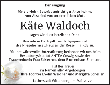 Traueranzeige von Käte Waldoch von Super Sonntag Wittenberg