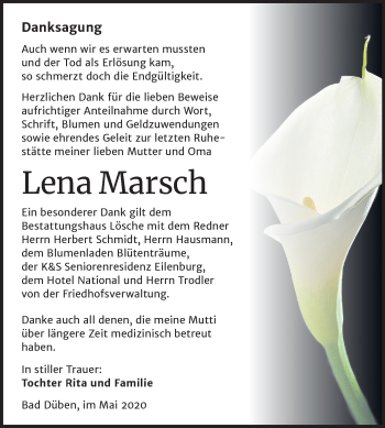 Traueranzeige von Lena Marsch von Mitteldeutsche Zeitung Wittenberg