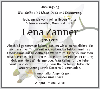 Traueranzeige von Lena Zanner von Mitteldeutsche Zeitung Sangerhausen