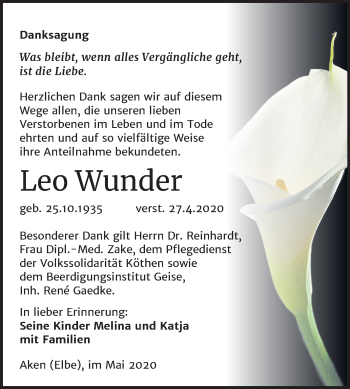 Traueranzeige von Leo Wunder von Mitteldeutsche Zeitung Köthen