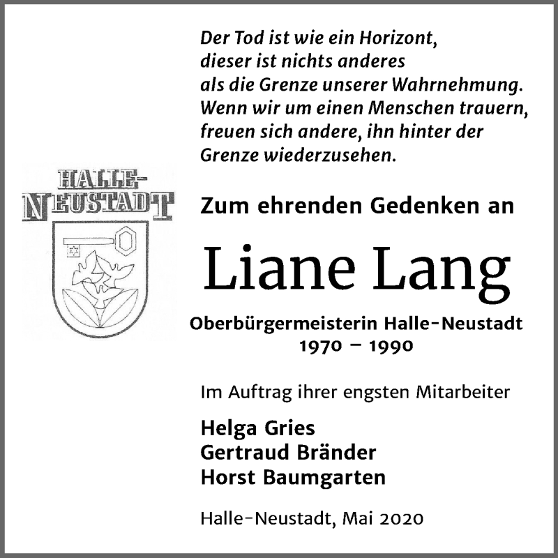  Traueranzeige für Liane Lang vom 08.05.2020 aus Mitteldeutsche Zeitung Halle/Saalkreis