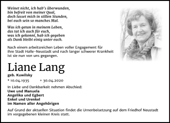 Traueranzeige von Liane Lang von Mitteldeutsche Zeitung Halle/Saalkreis