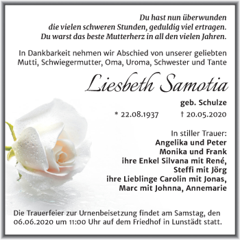 Traueranzeige von Liesbeth Samotia von Super Sonntag Merseburg/Querfurt