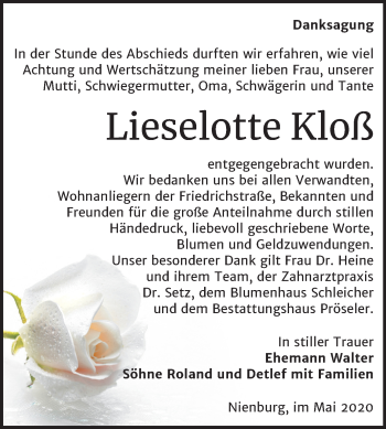 Traueranzeige von Lieselotte Kloß von Super Sonntag Bernburg