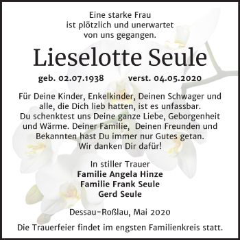 Traueranzeige von Lieselotte Seule von Mitteldeutsche Zeitung Dessau-Roßlau