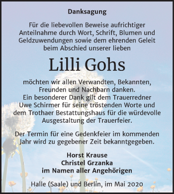 Traueranzeige von Lilli Gohs von Mitteldeutsche Zeitung Halle/Saalkreis