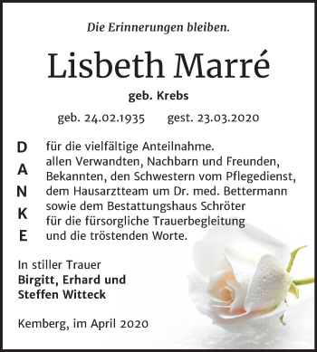 Traueranzeige von Lisbeth Marré von Mitteldeutsche Zeitung Wittenberg
