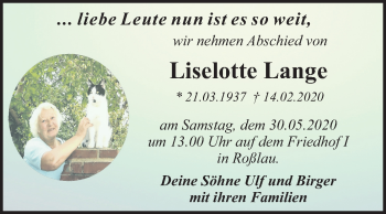 Traueranzeige von Liselotte Lange von Super Sonntag Dessau-Roßlau