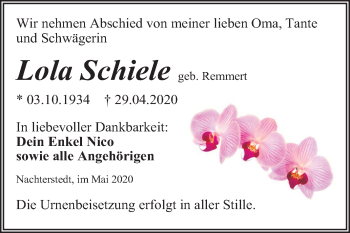 Traueranzeige von Lola Schiele von Mitteldeutsche Zeitung Aschersleben