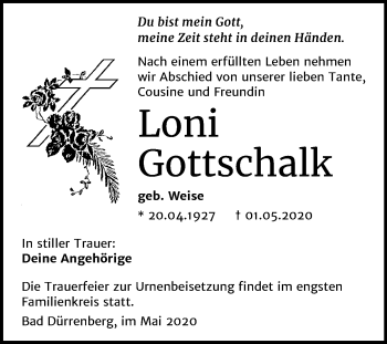 Traueranzeige von Loni Gottschalk von Super Sonntag Merseburg/Querfurt