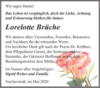 Traueranzeige von Lorelotte Brüche von Mitteldeutsche Zeitung Aschersleben