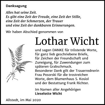 Traueranzeige von Lothar Wicht von Super Sonntag Sangerhausen