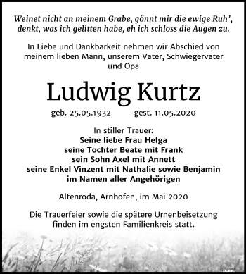 Traueranzeige von Ludwig Kurtz von Mitteldeutsche Zeitung Naumburg/Nebra