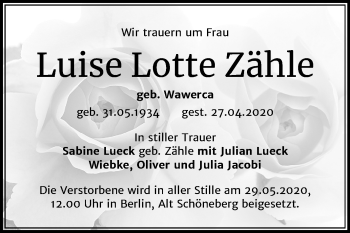 Traueranzeige von Luise Lotte Zähle von Super Sonntag Quedlinburg