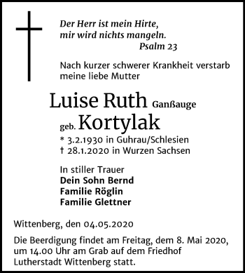 Traueranzeige von Luise Ruth Ganßauge von Super Sonntag Wittenberg