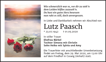 Traueranzeige von Lutz Paasch von Super Sonntag Wittenberg