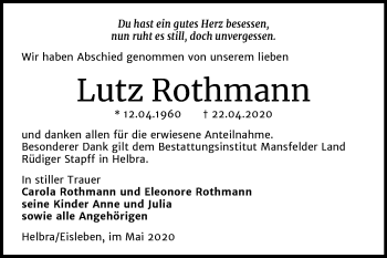 Traueranzeige von Lutz Rothmann von Mitteldeutsche Zeitung Mansfelder Land