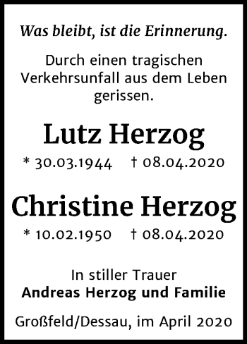 Traueranzeige von Lutz und Christine Herzog von Super Sonntag Dessau-Roßlau