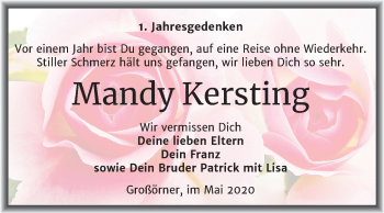Traueranzeige von Mandy Kersting von Mitteldeutsche Zeitung Mansfelder Land