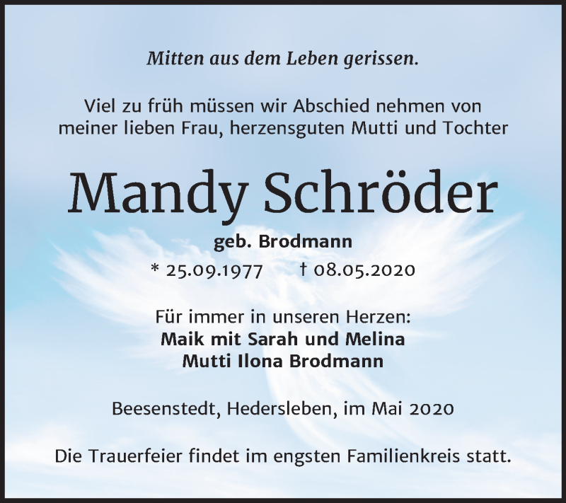  Traueranzeige für Mandy Schröder vom 15.05.2020 aus Mitteldeutsche Zeitung Mansfelder Land