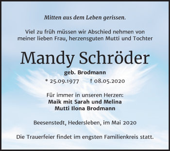 Traueranzeige von Mandy Schröder von Mitteldeutsche Zeitung Mansfelder Land