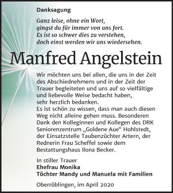 Traueranzeige von Manfred Angelstein von Mitteldeutsche Zeitung Sangerhausen