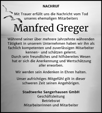 Traueranzeige von Manfred Greger von Mitteldeutsche Zeitung Sangerhausen