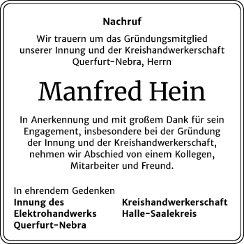 Traueranzeige von Manfred Hein von Super Sonntag Merseburg/Querfurt