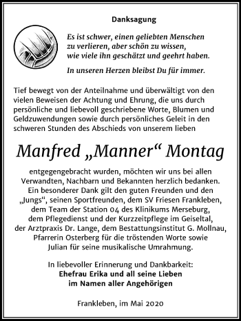 Traueranzeige von Manfred Montag von Mitteldeutsche Zeitung Merseburg/Querfurt