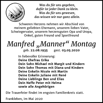 Traueranzeige von Manfred Montag von Mitteldeutsche Zeitung Merseburg/Querfurt