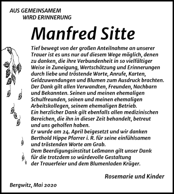 Traueranzeige von Manfred Sitte von Mitteldeutsche Zeitung Wittenberg