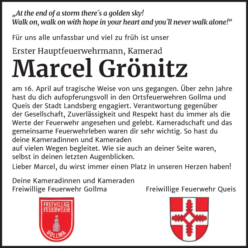  Traueranzeige für Marcel Grönitz vom 02.05.2020 aus Mitteldeutsche Zeitung Halle/Saalkreis