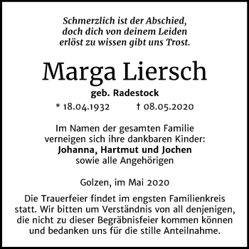 Traueranzeige von Marga Liersch von Wochenspiegel Naumburg/Nebra