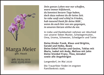 Traueranzeige von Marga Meier von Mitteldeutsche Zeitung Weißenfels