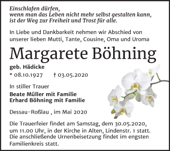 Traueranzeige von Margarete Böhning von Mitteldeutsche Zeitung Dessau-Roßlau / Köthen