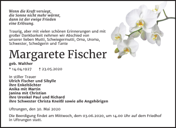 Traueranzeige von Margarete Fischer von Mitteldeutsche Zeitung Sangerhausen