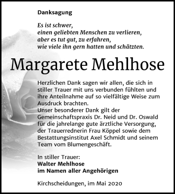 Traueranzeige von Margarete Mehlhose von Super Sonntag Naumburg/Nebra