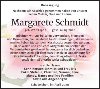 Traueranzeige von Margarete Schmidt von Super Sonntag Aschersleben