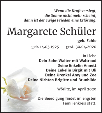 Traueranzeige von Margarete Schüler von Mitteldeutsche Zeitung Wittenberg