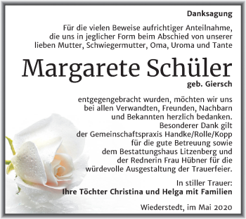 Traueranzeige von Margarete Schüler von Mitteldeutsche Zeitung Mansfelder Land